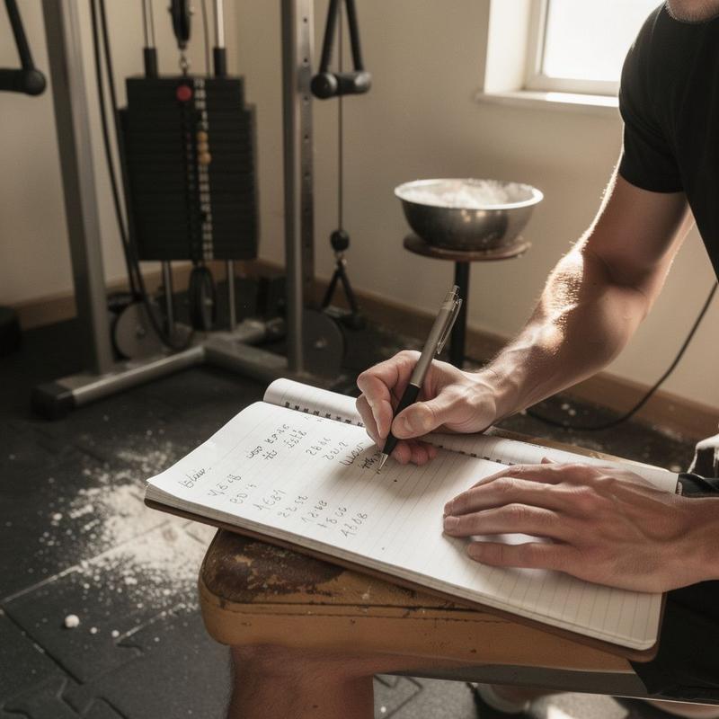 Coach writing a training plan in a notebook next to a cable machine