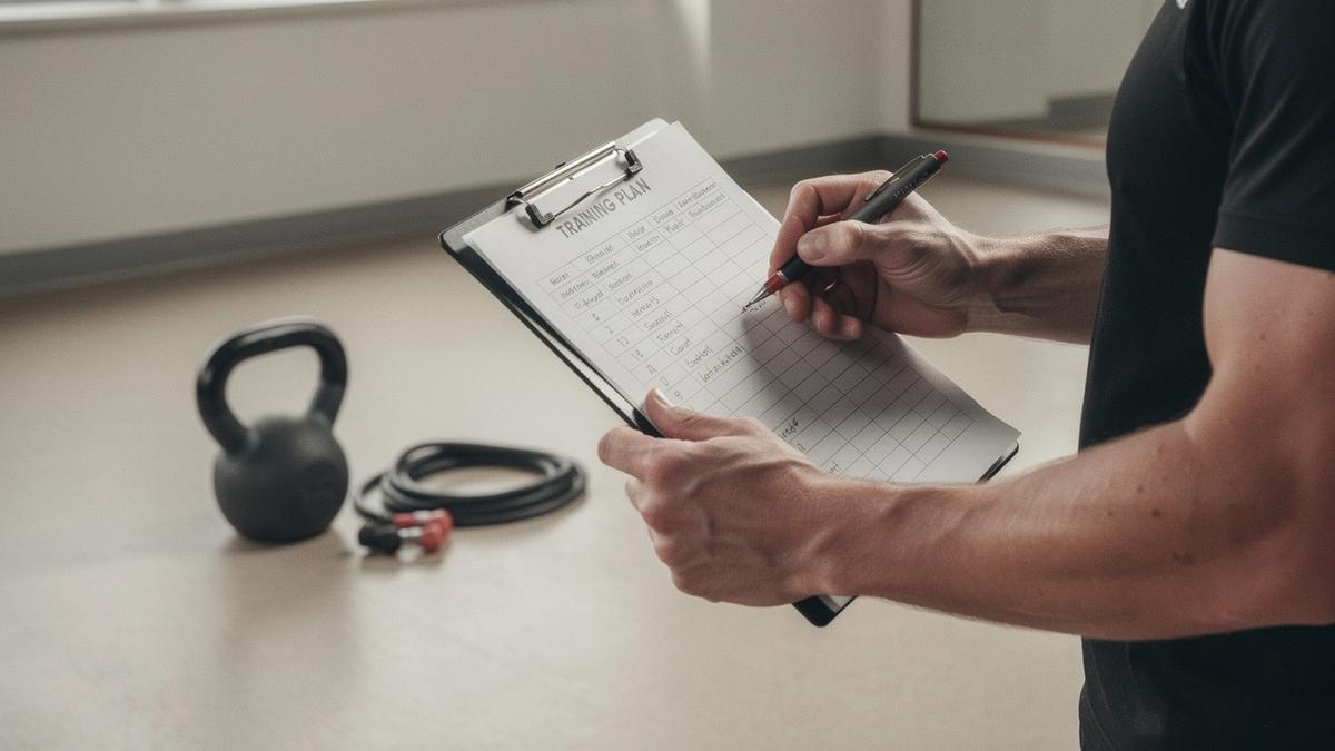 Coach annotating a printed training plan beside a kettlebell